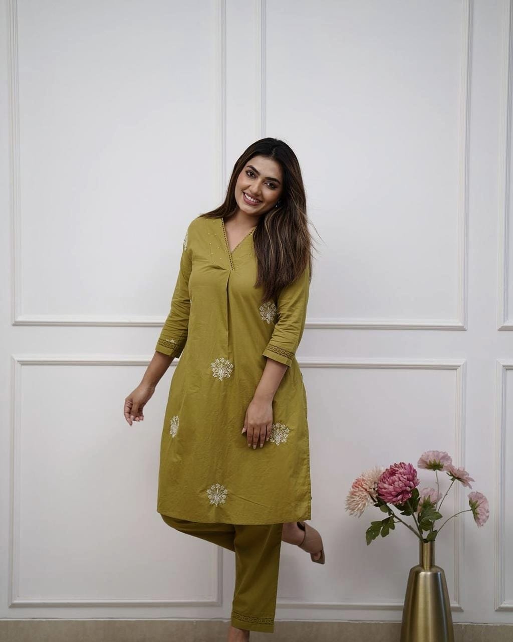 Green Cotton Embroidered Office Wear Kurti Set